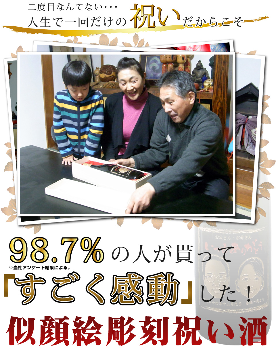 98.7％の人がすごい感動した似顔絵彫刻祝い酒